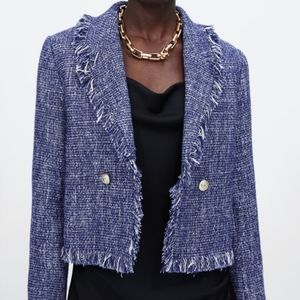 ZARA Textured Frayed Edge Blue & White Cropped Jacket